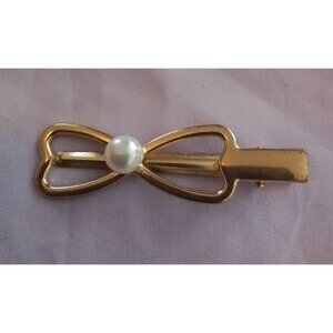 Vintage Gold Tone Bow Tie Hair Clip Barrette With Faux Pearl Accent